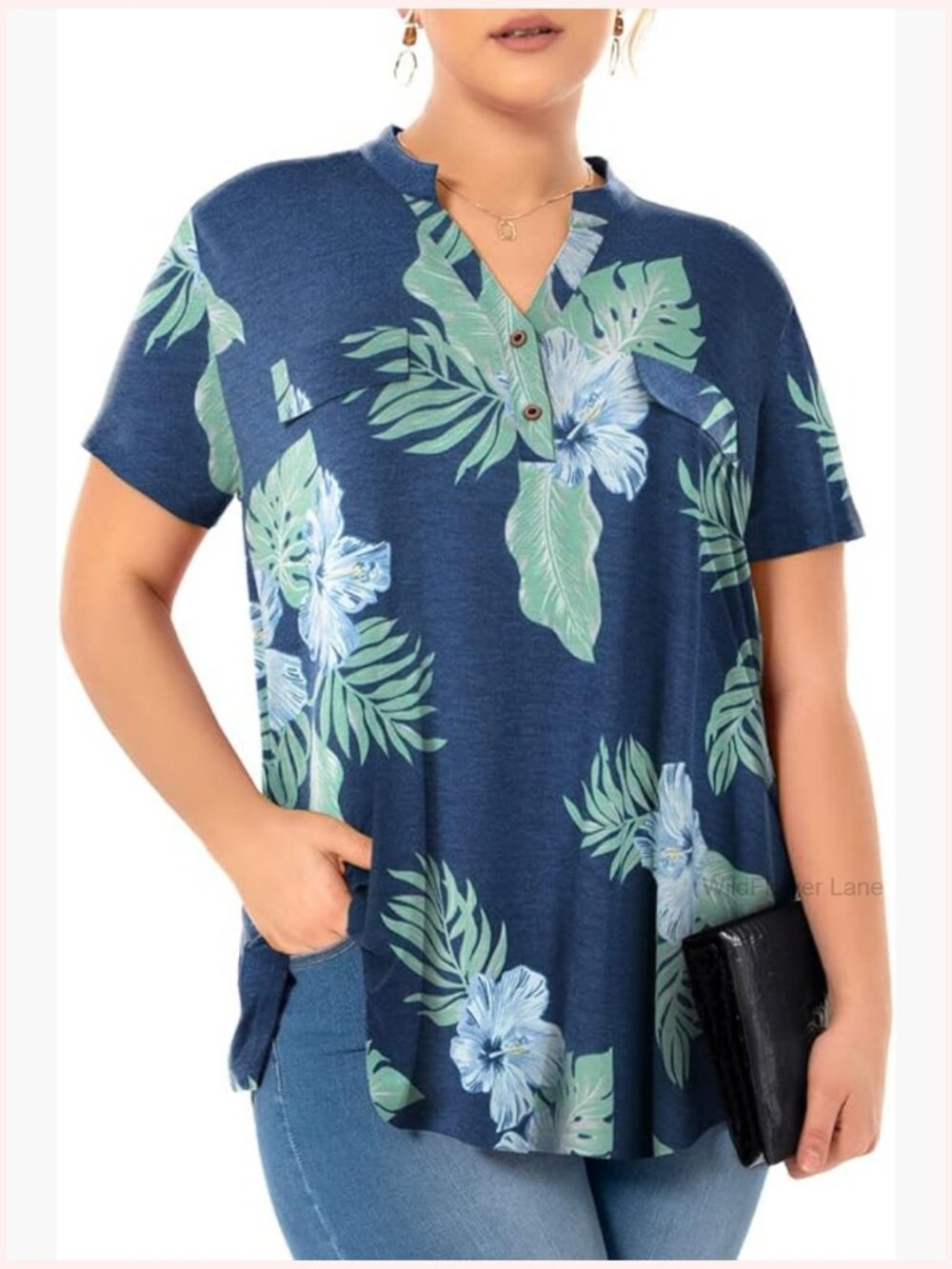 Plus Size V Neck Plaid Tunic Top Short Sleeve Blouse